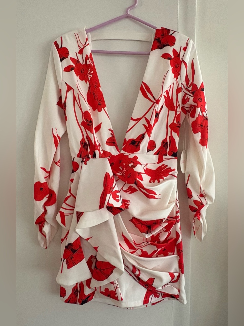 Luxxel White & Red Floral V-Neck Ruffle Wrap Women's Top